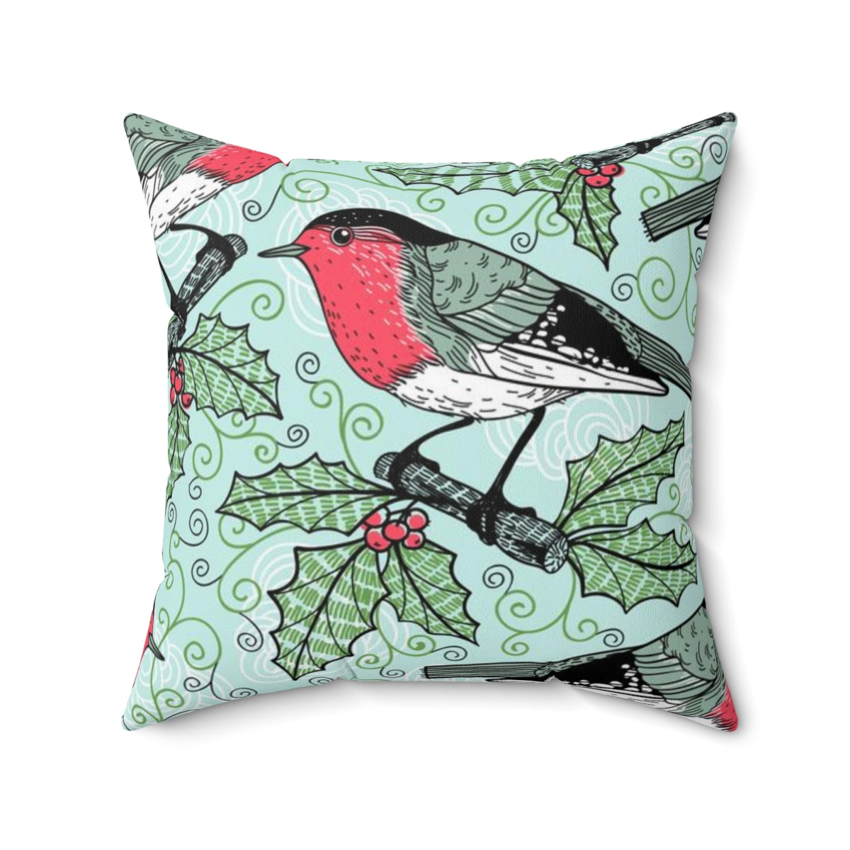 Festive Bird and Holly Pillow