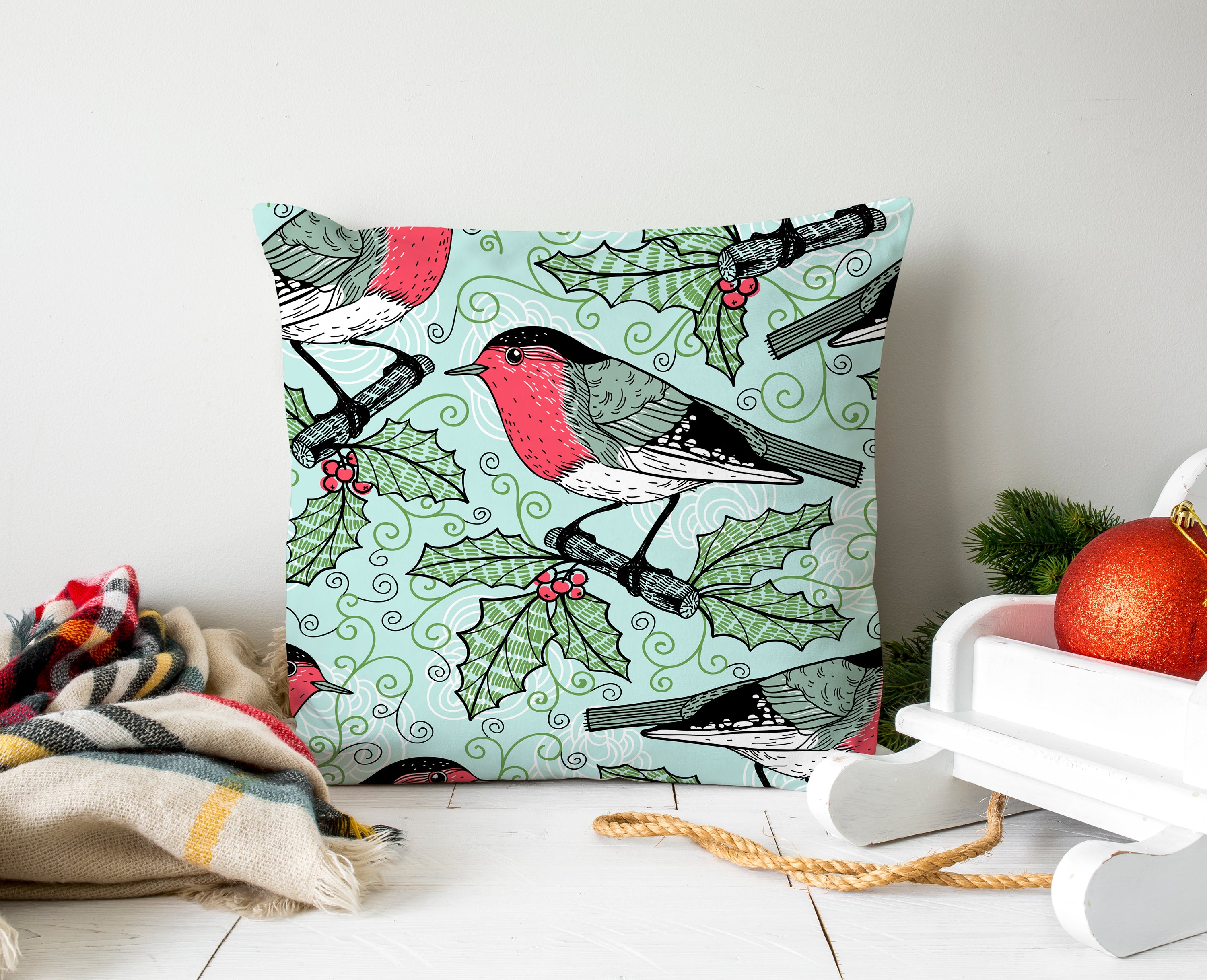 Festive Bird and Holly Pillow