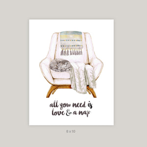 all you need is love and a nap sleeping cat print